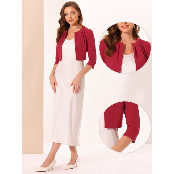 3/4 Sleeve Shrug Top Collarless Pleated Open Front Cropped Cardigan Red - Picture 2 of 6